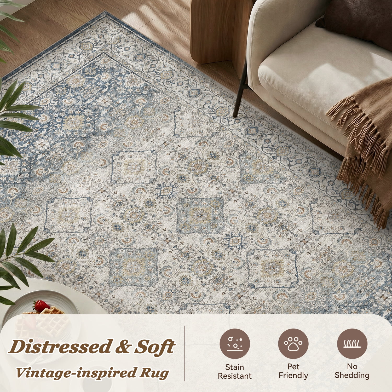 SIXHOME 5'x7' Area Rugs for Living Room Washable Rugs Ombre Vintage Floral Living Room Rug Aesthetic Carpet Soft Large Rugs for Bedroom Dining Room Office Retro Home Decor Blue