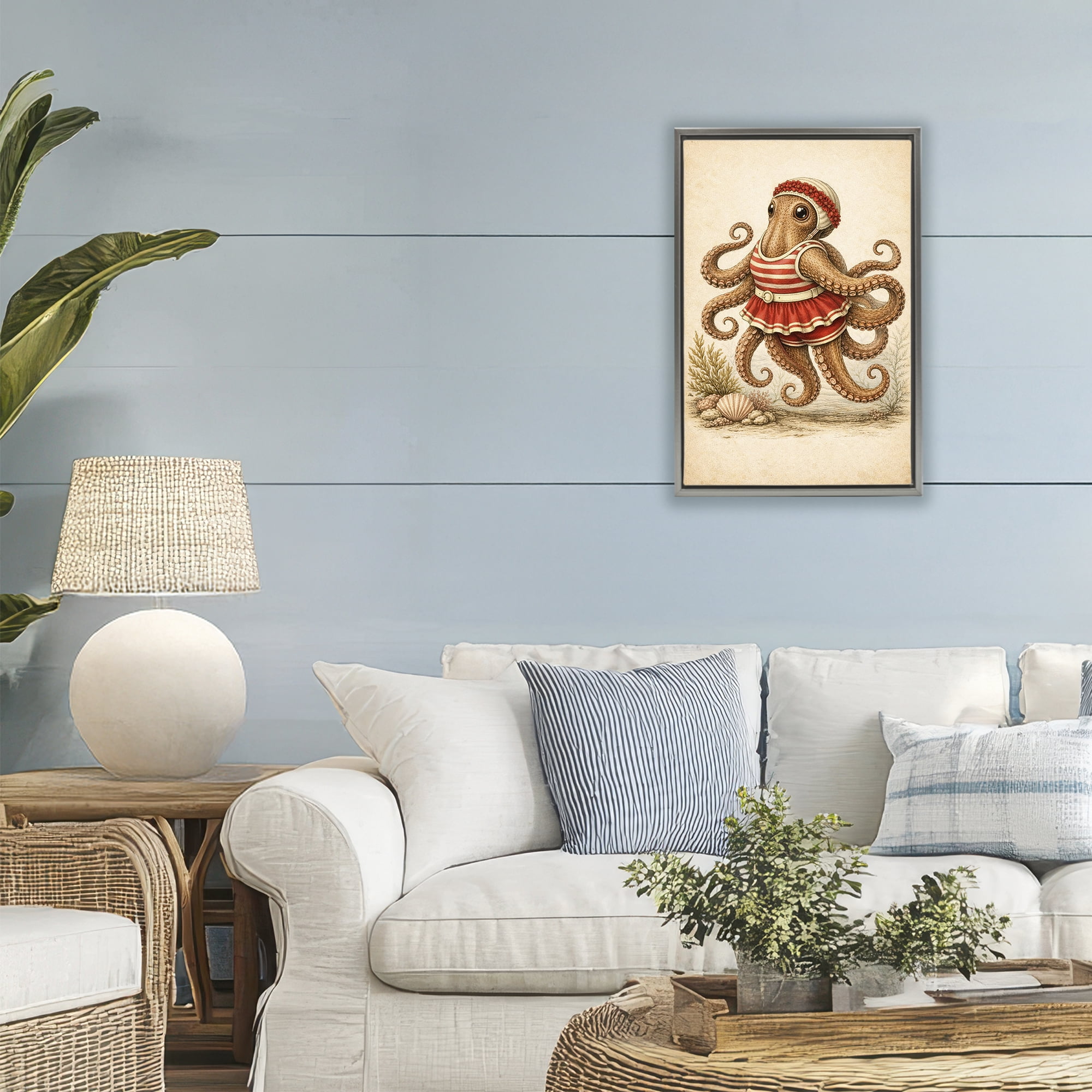 Stupell Industries Octopus of Maritime Bathing Society Gray Framed Floater Canvas Wall Art, design by Grotto Studios