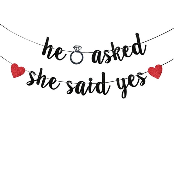 He Asked She Said Yes Banner,Black Glitter Paper Sign for Wedding/Engagement/Bridal Shower Party Decorations Supplies.