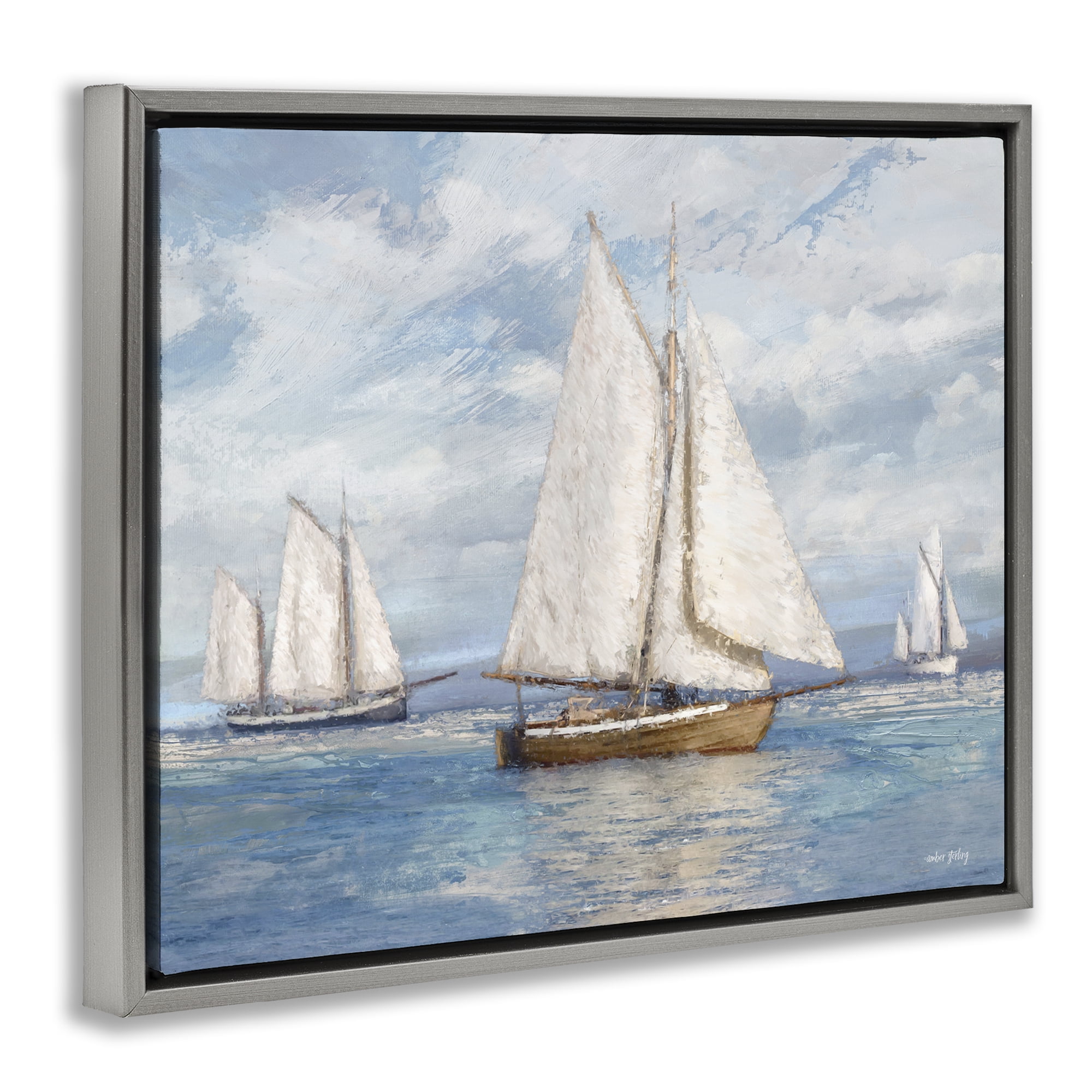 Stupell Industries Sailboat Trio Impression Nautical & Beach Painting Gray Floater Framed Canvas Art Print Wall Art, 21 x 17