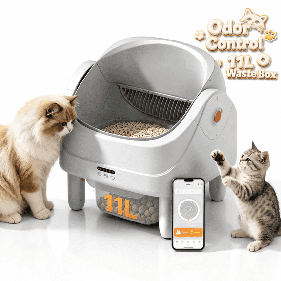 Automatic Cat Litter Box, Self Cleaning Open Top Cat Litter Box for Multiple Cats, Smart APP Control with 100L Large Space, 11L Sealed Waste Drawer, 7-Sensor Safety System, Triple Odor Control