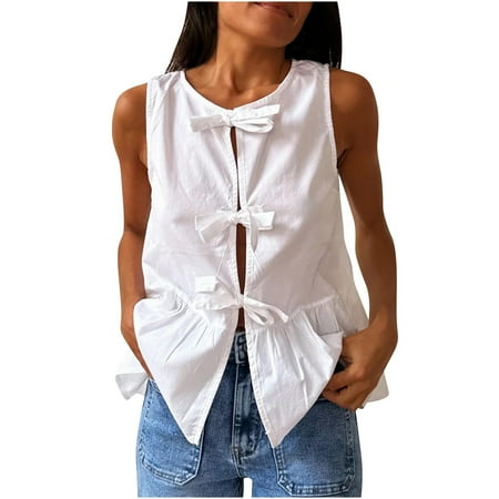 JGGSPWM Women s Sleeveless Bow Tie Front Peplum Tank Top Loose Fit Cut Out Babydoll Blouse Summer Shirt Y2K Ruffle Hem Lace Up Vest White M