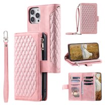 Feishell Crossbody Wallet Phone Case for Apple iPhone 13 Pro Max,Luxury PU Leather Magnetic Buckle Zipper Pocket Card Slots Flip Stand Protective Cover with Hand Strap & Shoulder Strap,Rosegold