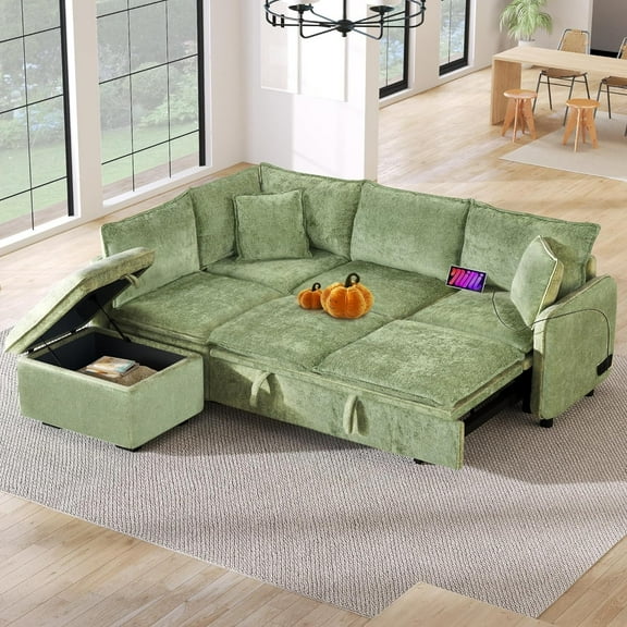 LUCKHAO L-Shaped Chenille Fabric Convertible Sofa Bed and Power Sockets Sectional Sofas with Two Pillows, Green/Orange