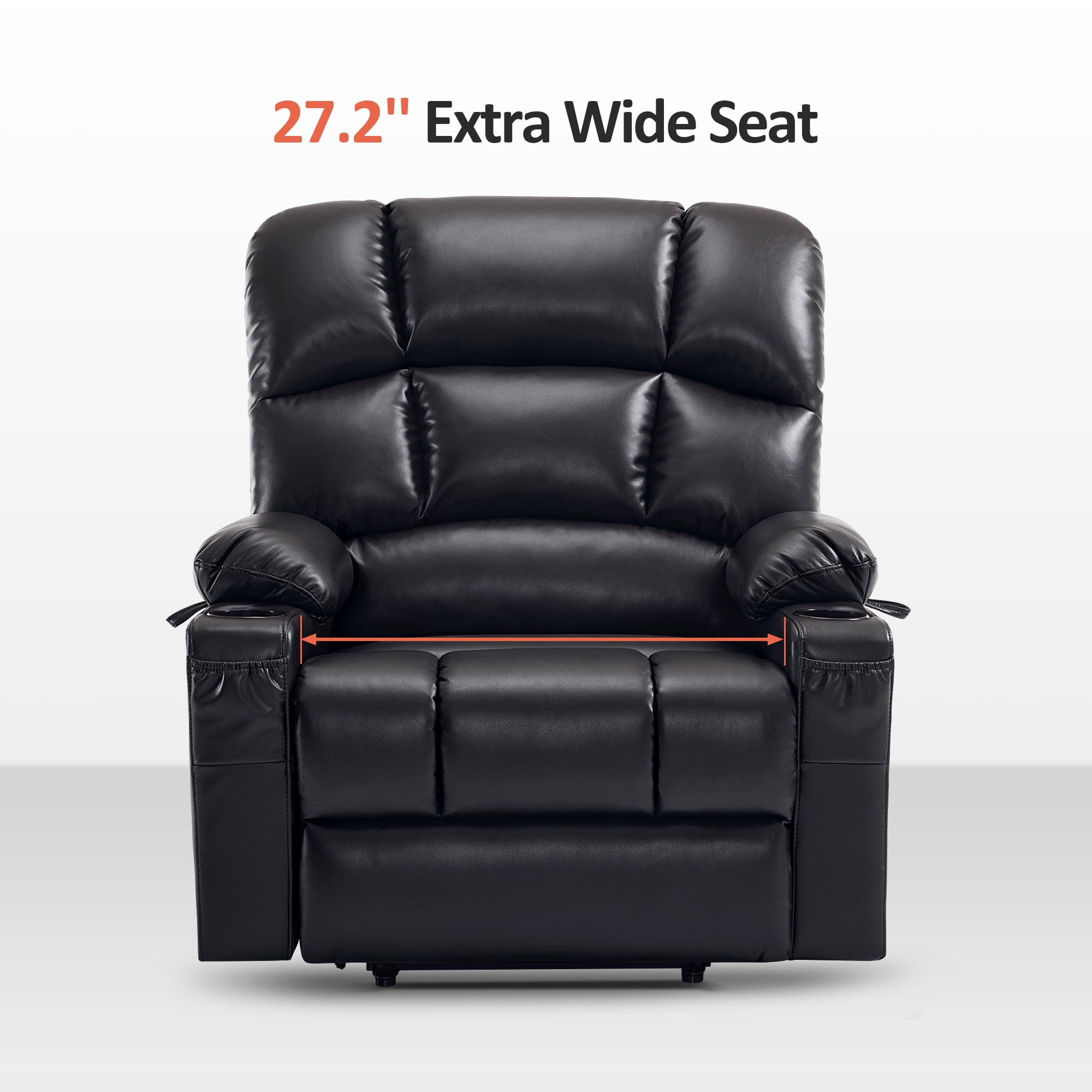 MCombo Large-Wide Lay Flat Dual Motor Power Lift Recliner Chair Sofa with Massage and Heat for Big Elderly People, Infinite Position, Faux Leather R7688 (Black, Large-Wide)