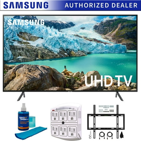 Samsung 75" RU7100 LED Smart 4K UHD TV 2019 Model (UN75RU7100FXZA) with Flat Wall Mount Kit Ultimate Bundle for 45-90 inch TVs, Screen Cleaner for LED TVs & SurgePro 6-Outlet Surge Adapter