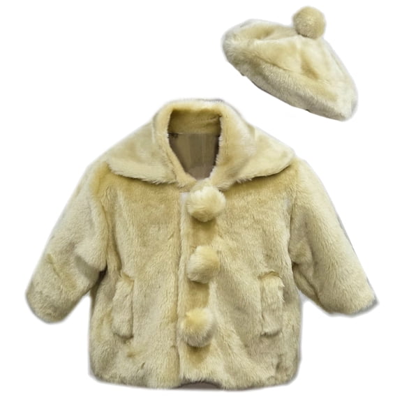 B-One Kids Girls Soft Faux Fur Jacket with Beret Hat, Toddler Girls, Size 2T, Khaki