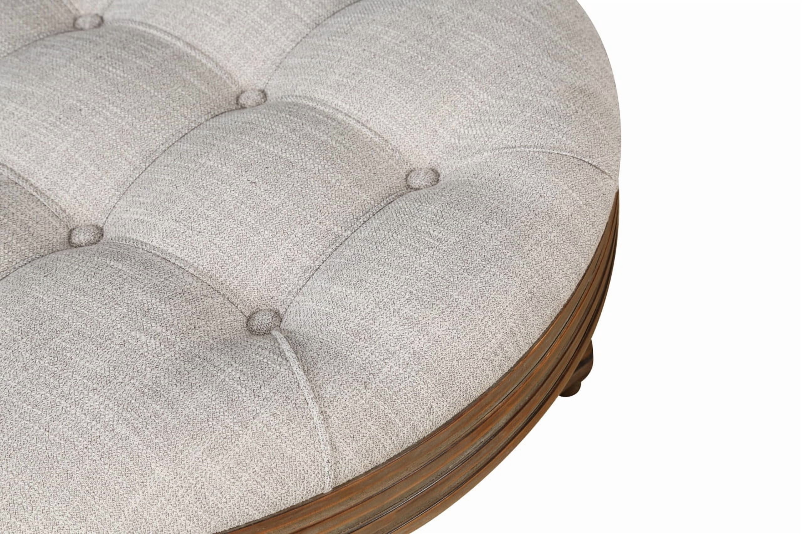Round Storage Ottoman Coffee Table with Wooden Shelf, Oversized Tufted Upholstered Ottoman with Hidden Storage, Waterproof Linen Footrest for Living Room, Light Gray