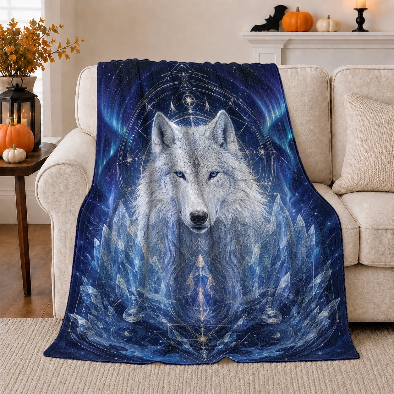 Mystical White Wolf Ornate Geometry Mandala Celestial Blue, Mystical Celestial Art Scene, Warm Flannel Blanket for Cabin and Lodge, Wildlife Lovers Housewarming Gift, Fantasy Home Decor