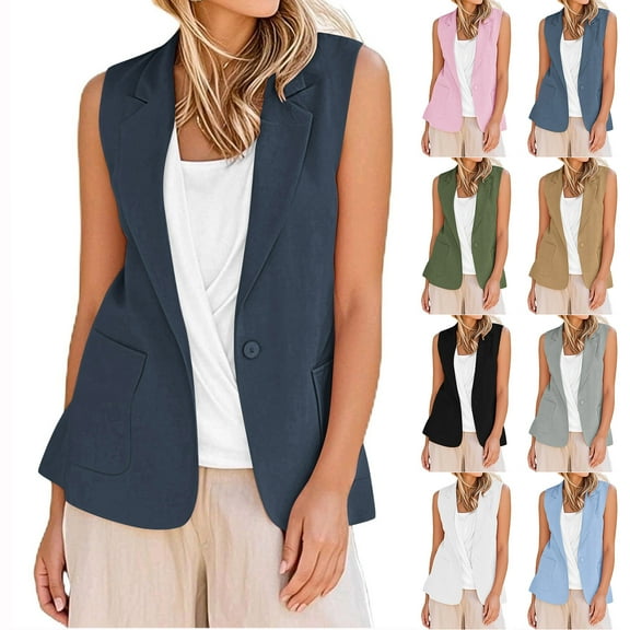 BiZtdJrK Women's Elegant Slim Fit Sleeveless Suit Jackets Solid Color Notch Lapel Blazer Vest Linen Business Tops with Pockets Army Green XXL Mothers Day Gifts