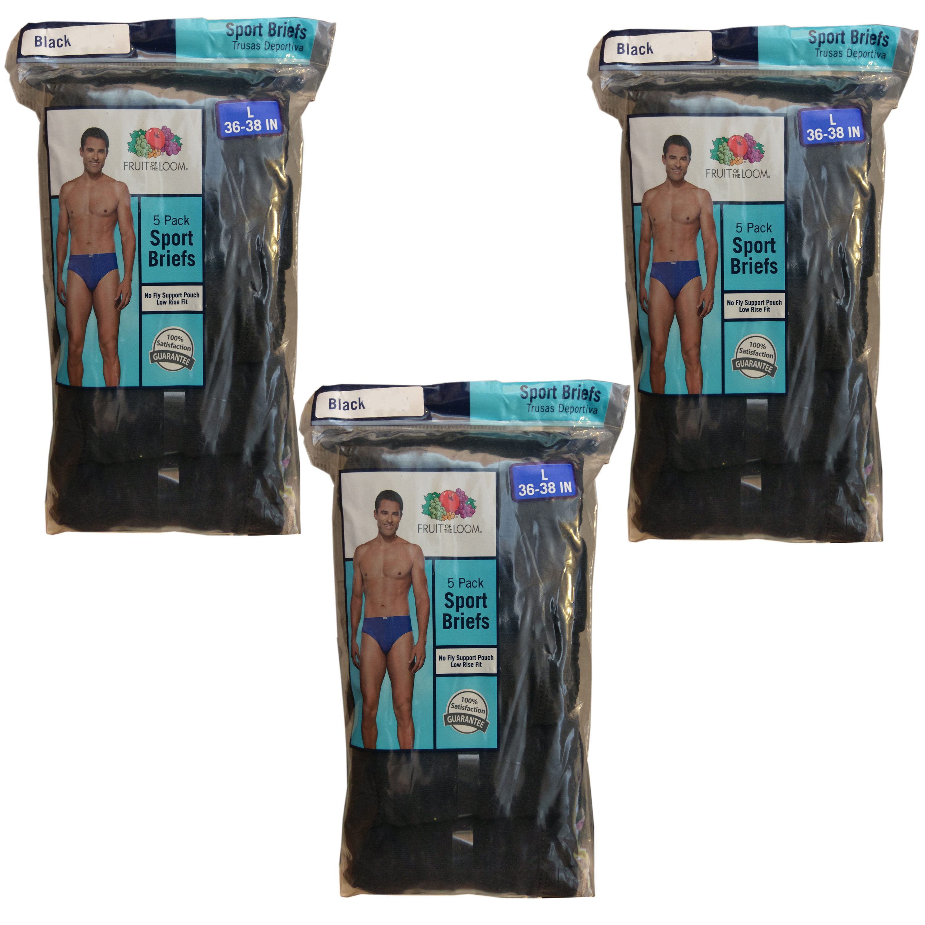 Fruit Of The Loom 15Pack Black Low Rise Support Sport Briefs Size