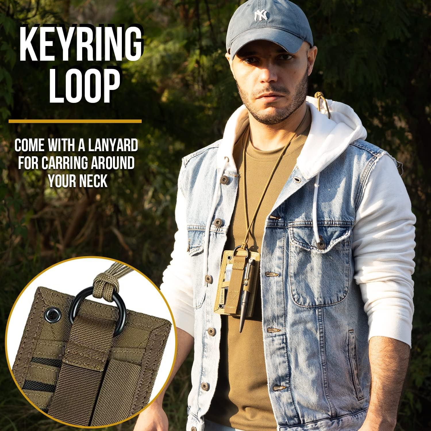 Tactical ID Card Holder Hook & Loop Patch Badge Holder Neck Lanyard Key Ring and Credit Card Organizer (Coyote Brown)