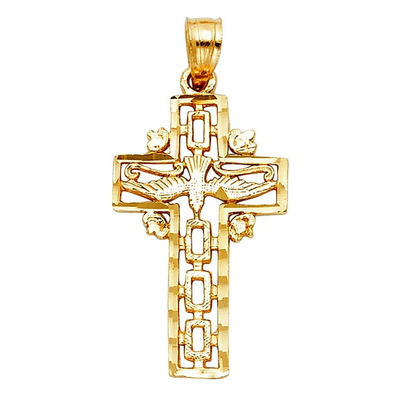 14k Yellow Gold Religious Faith Cross With Holy Spirit Dove Pendant Necklace 11x25mm Pendant for Women