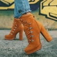 thumbnail image 2 of Heeled Boots For Women Round Toe Lace UP High Heels Boots Mid Calf Shoes, 2 of 5