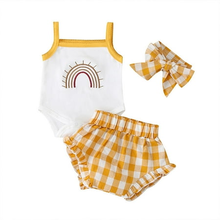 

HESHENG 3PCS Newborn Baby Girls Summer Clothes Rainbow Romper Tops Jumpsuit Shorts Headband Outfits Yellow 12-18 Months