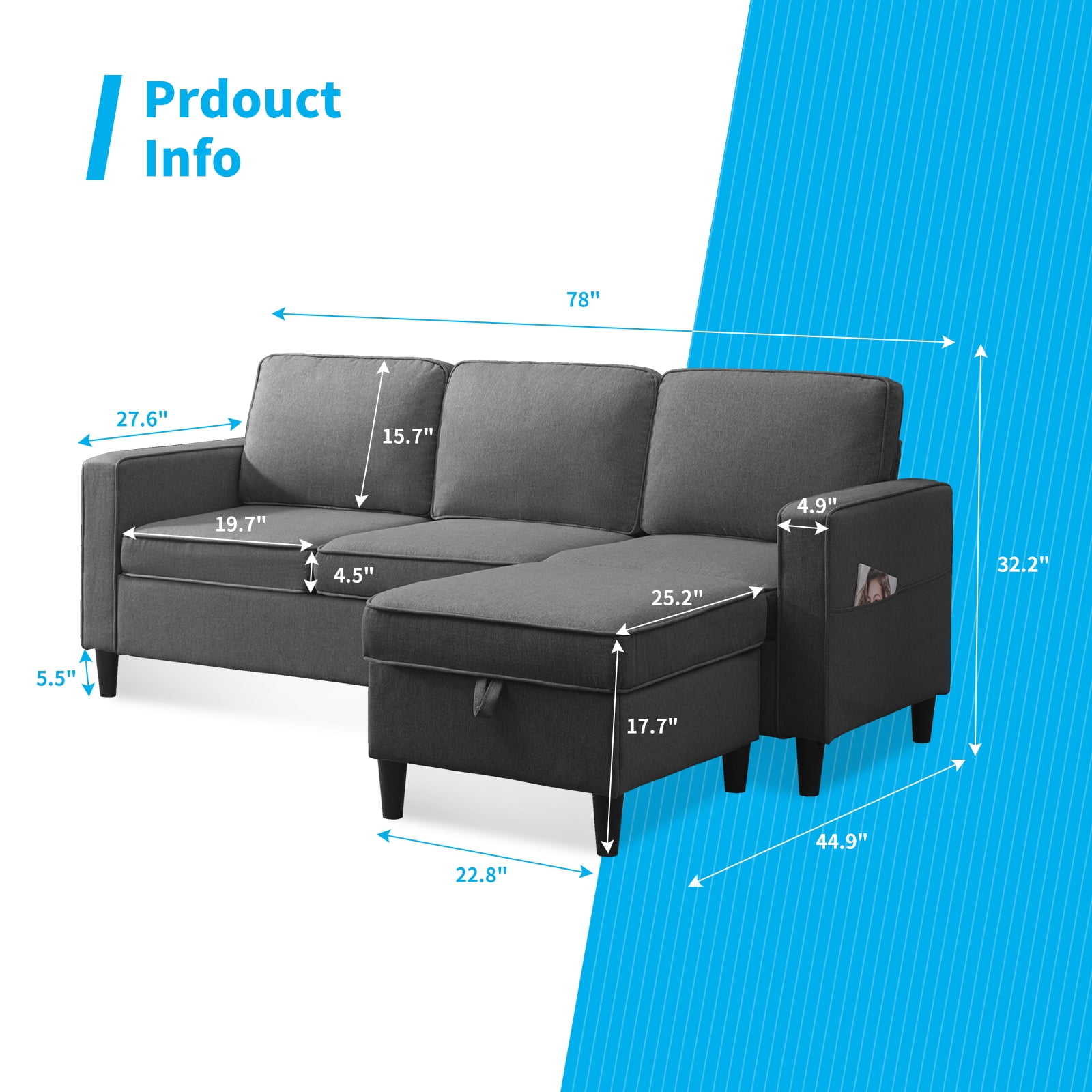 MUZZ 78’’w Small Sectional Sofa and Couch for Living Room, L Shaped 3 Seater Sofa with Storge Ottoman, Convertible Sectional Sofa Couch for Small Space, Dark Grey