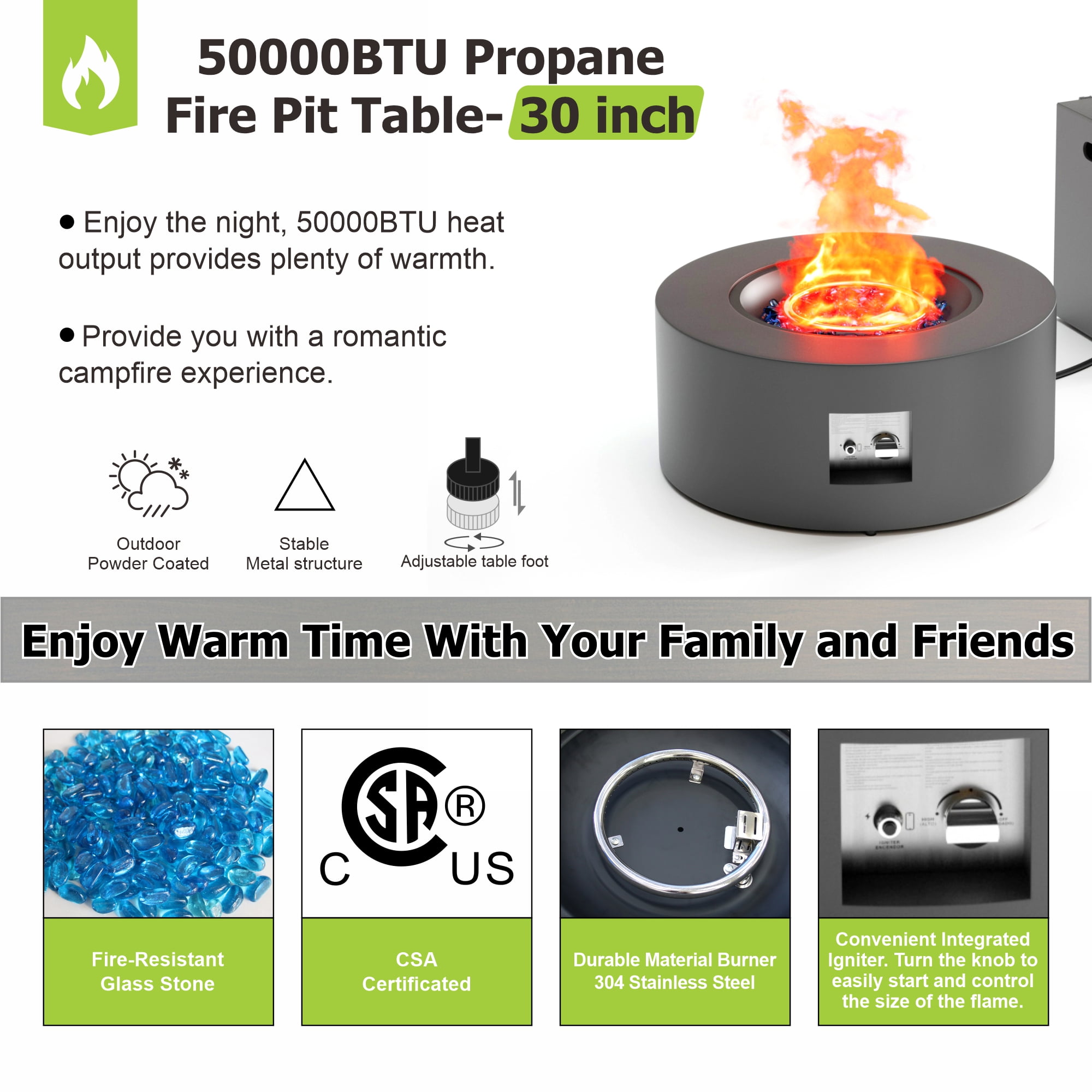 50000 BTU Propane Fire Pit for Outdoor, 30 in. Gas Fire Pit Table Round Firepits for Outside Backyard, Patio