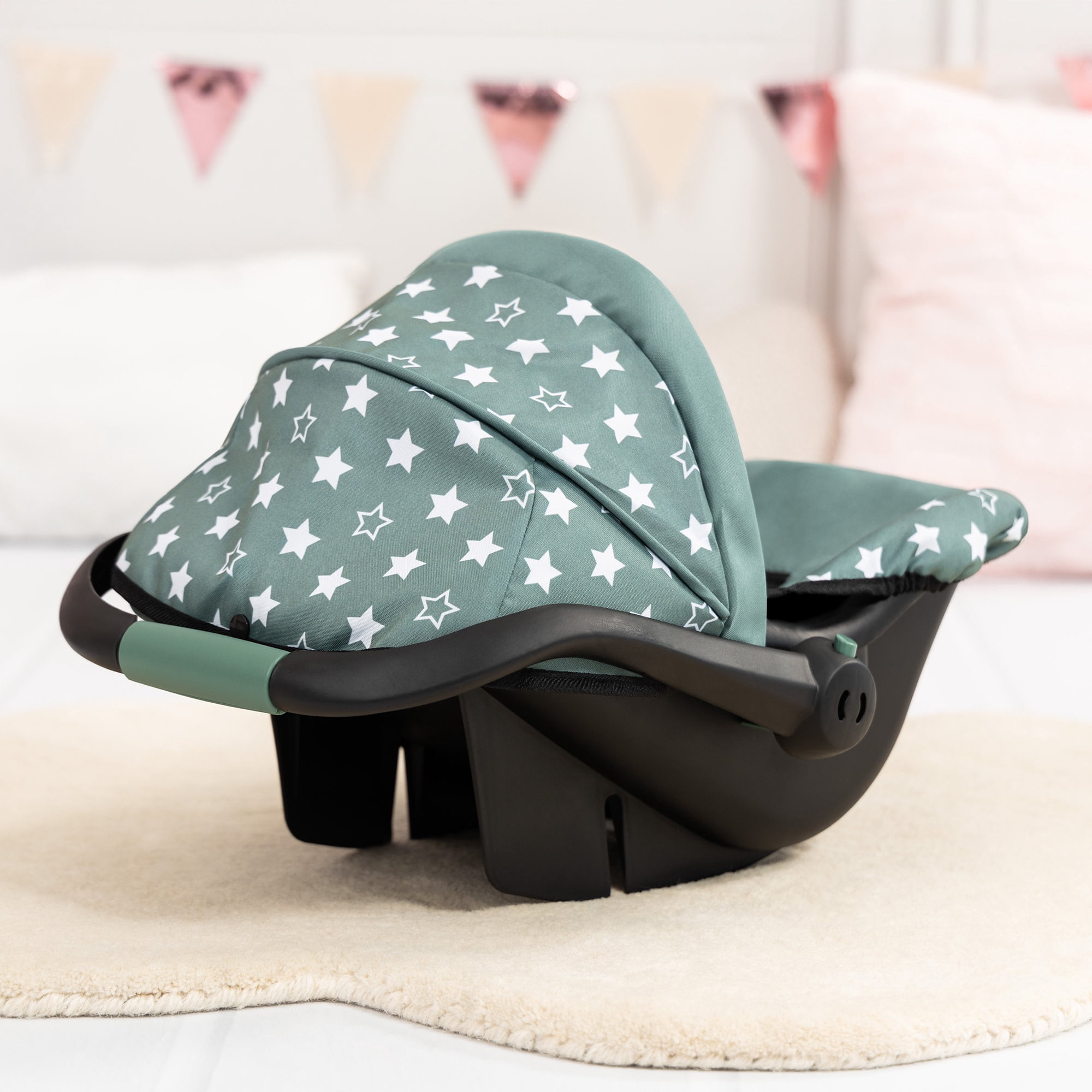 Bayer Design: Doll Deluxe Car Seat - Green-White-Star - Portable Travel Carrier For Dolls Up To 18", Sunshade & Carry Handle, Use As Rocker, Kid 3+