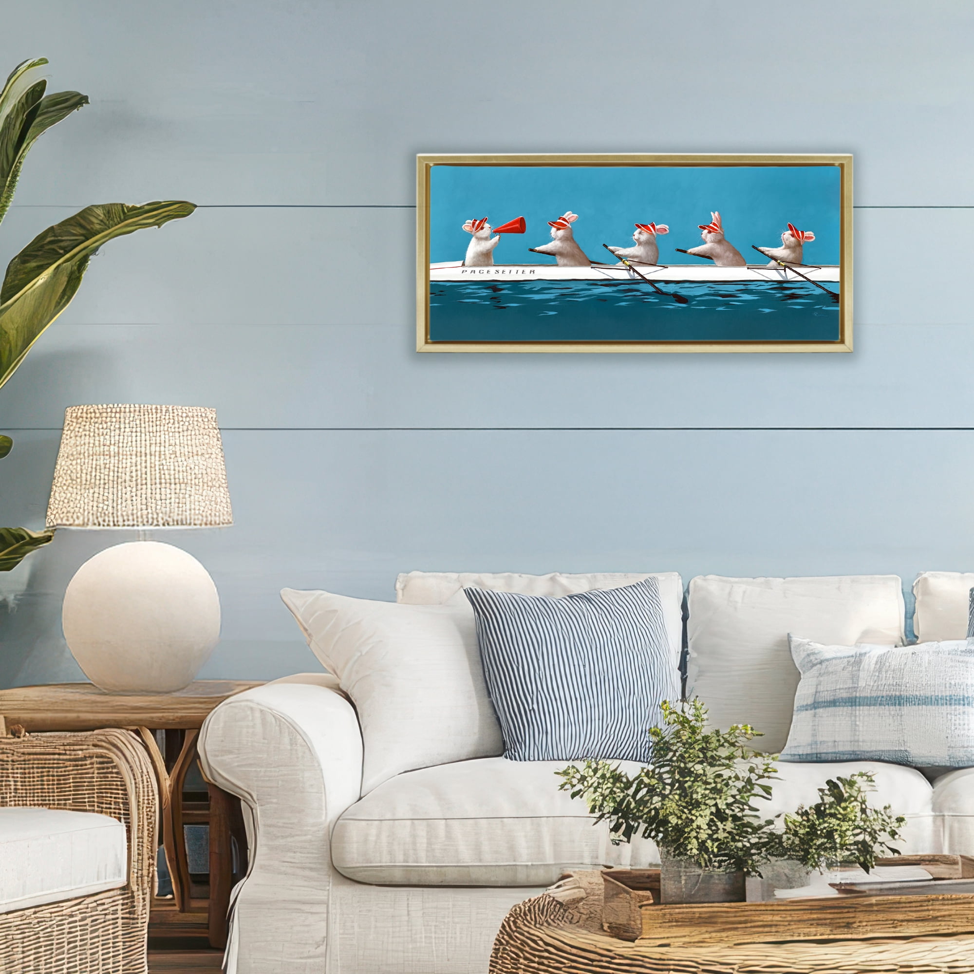 Stupell Industries Bunnies In The Boat Gold Framed Floater Canvas Wall Art, design by Lucia Heffernan