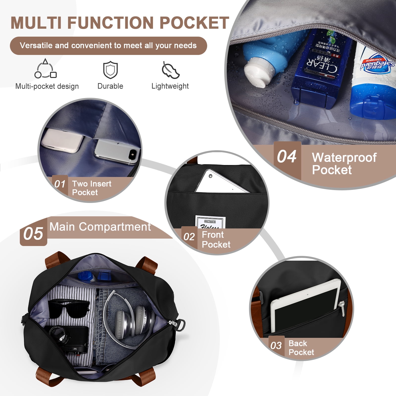 Travel Bag, Waterproof Duffel Gym Tote Bag, Weekender Carry On Overnight Bags for Women Men Approved Personal Item Bag for Airlines with Trolley Sleeve, Travel Duffel Bags, Black Brown