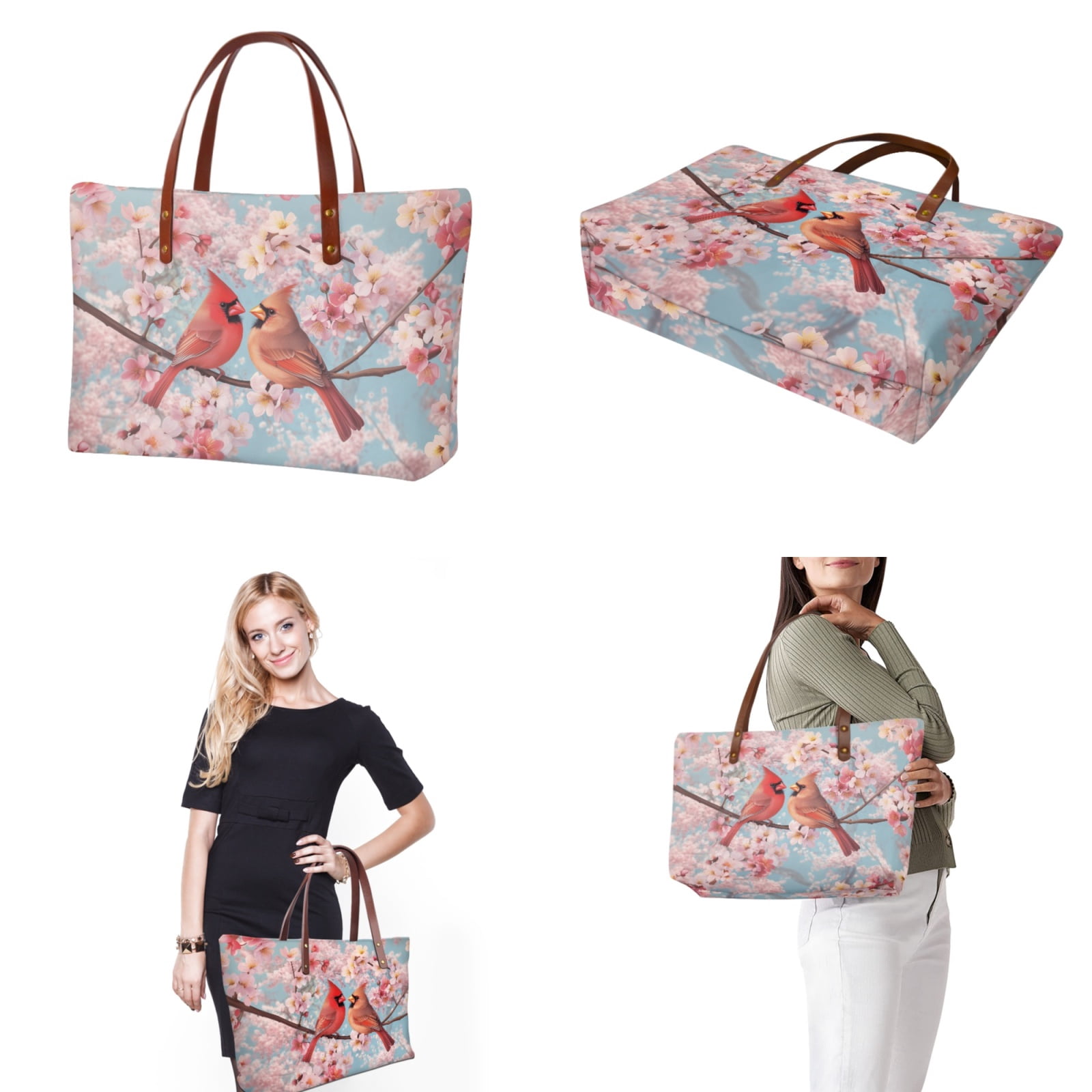 ZUXONGSY Cardinal Cherry Blossom Print 2 Pack Handbags and Wallet Set for Ladies Girls Casual Top Handles Shoulder Bag PU Slim Wallet Multifunctional Top Handle Tote Bag for Shopping Work