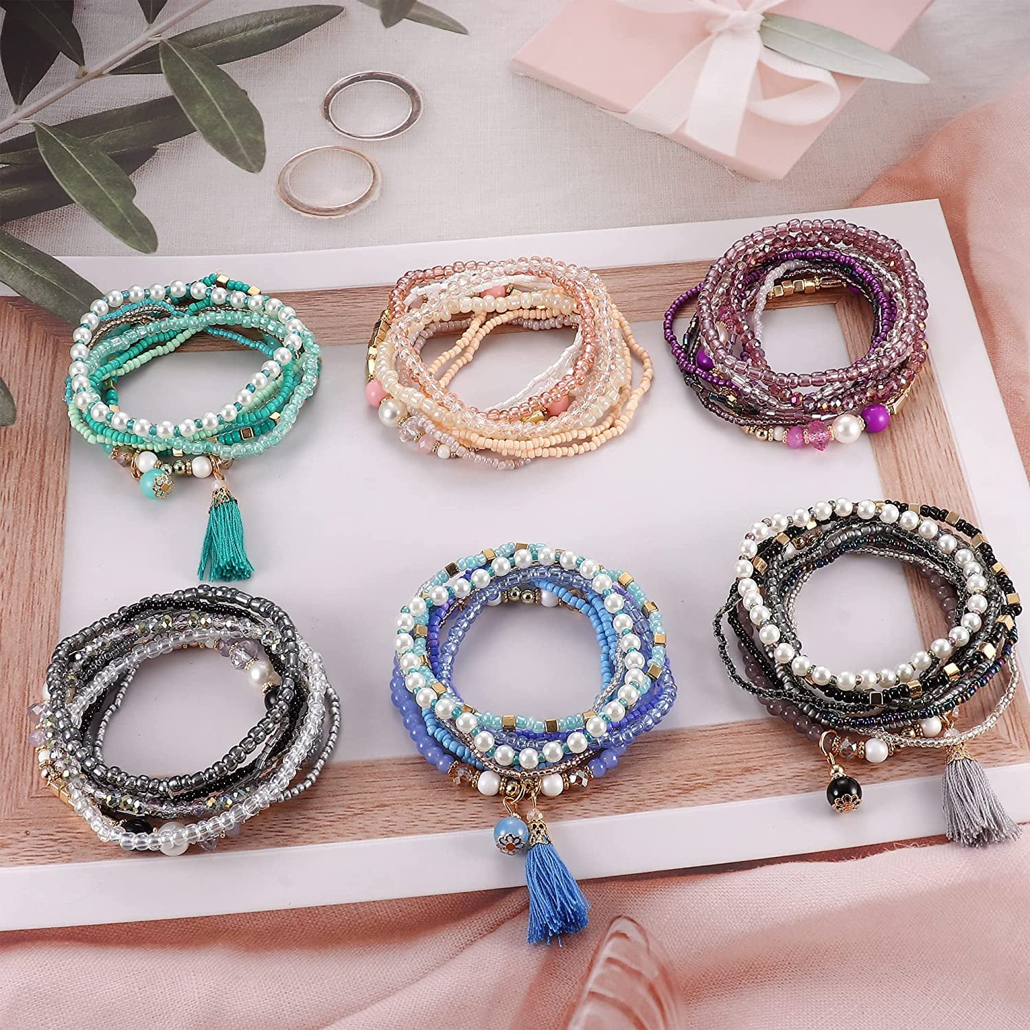 JStyle 6 Sets Bohemian Stackable Bead Bracelets for Women Stretch Multilayered Bracelet Set Multicolor Jewelry, Women's, Size: One size, Grey Type