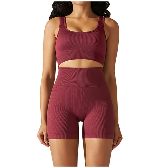 Bowake Workout Outfits for Women 2 Piece Seamless Ribbed Sport Bra and High Waisted Shorts Leggings Exercise Sets