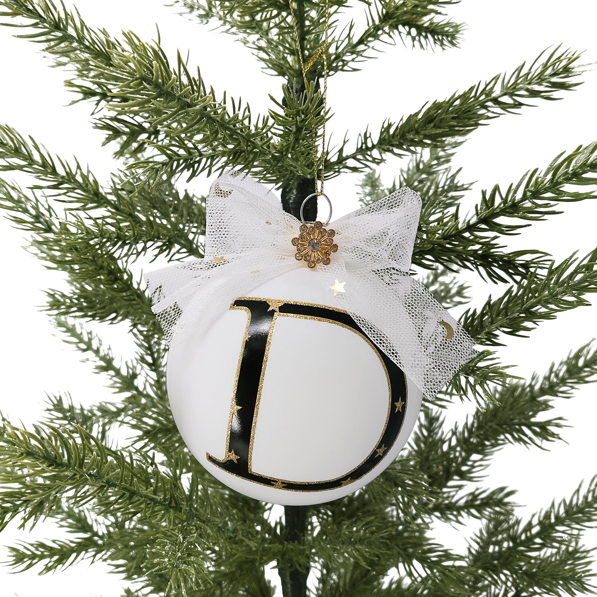 HOLIDAY TIME D WHITE LETTER GLASS ORNAMENT