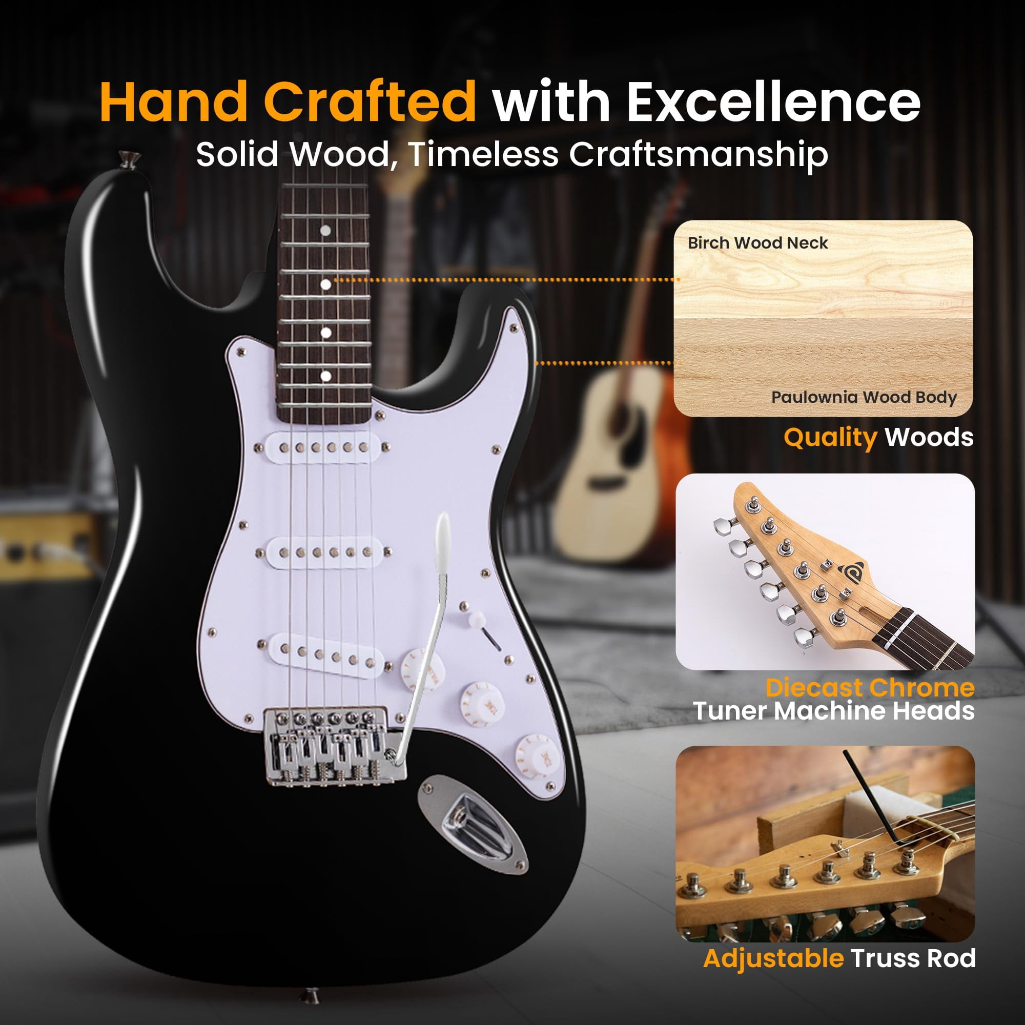Pyle Full Size Electric Guitar Kit with 5W Amplifier, Gig Bag, Picks, Spare Strings, and Strap, ST-Style Beginner Guitar Bundle with 22 Frets, Paulownia Wood Body, Black