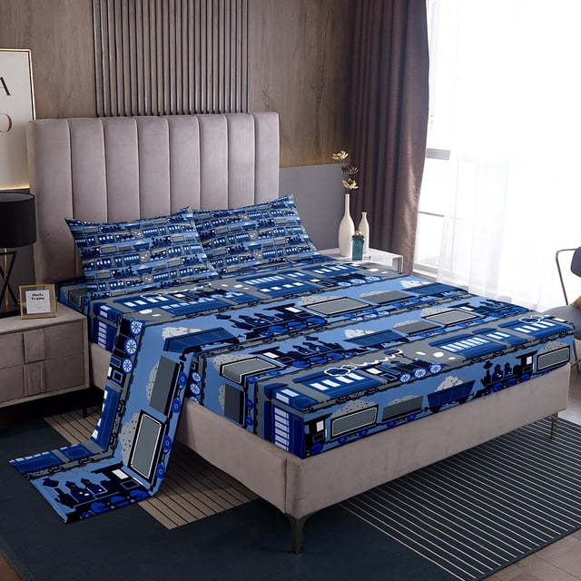 Erosebridal Blue Train Sheet Set Twin, Steam Engine Bedding Sets Twin Size, Cartoon Vehicle Decor 3-Piece