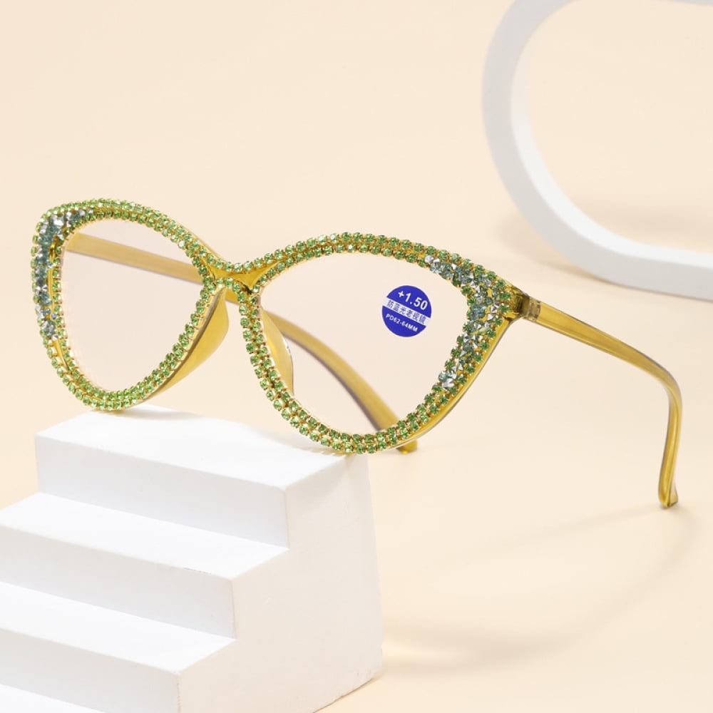 2 Pairs of Ladies Handmade Diamond Reading Glasses 4.00 Women Green Frame Elegant Anti-blue Light Cat Eye Readers +4.00 Strength