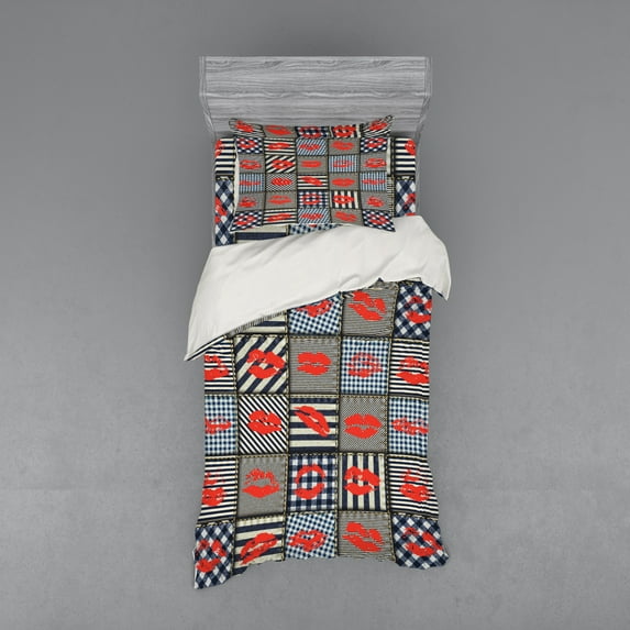 Ambesonne Colorful Bedding Set 3 Pcs, Woman Kisses Lipstick Art, Twin, Black and Red