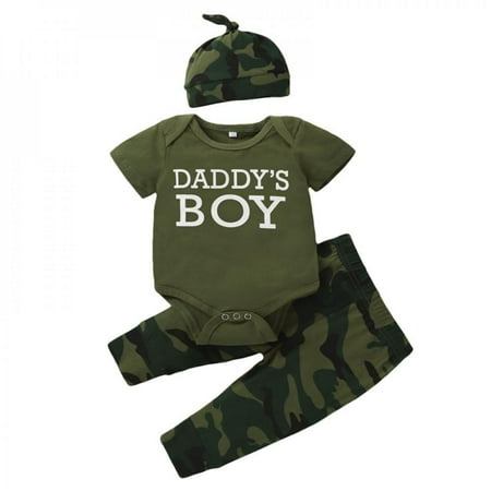 

Praeter 3Pcs Baby Boys Girls Letter Printed Infant Clothes Set Short Sleeve Bodysuit Tops Casual Camouflage Pants Newborn Clothing