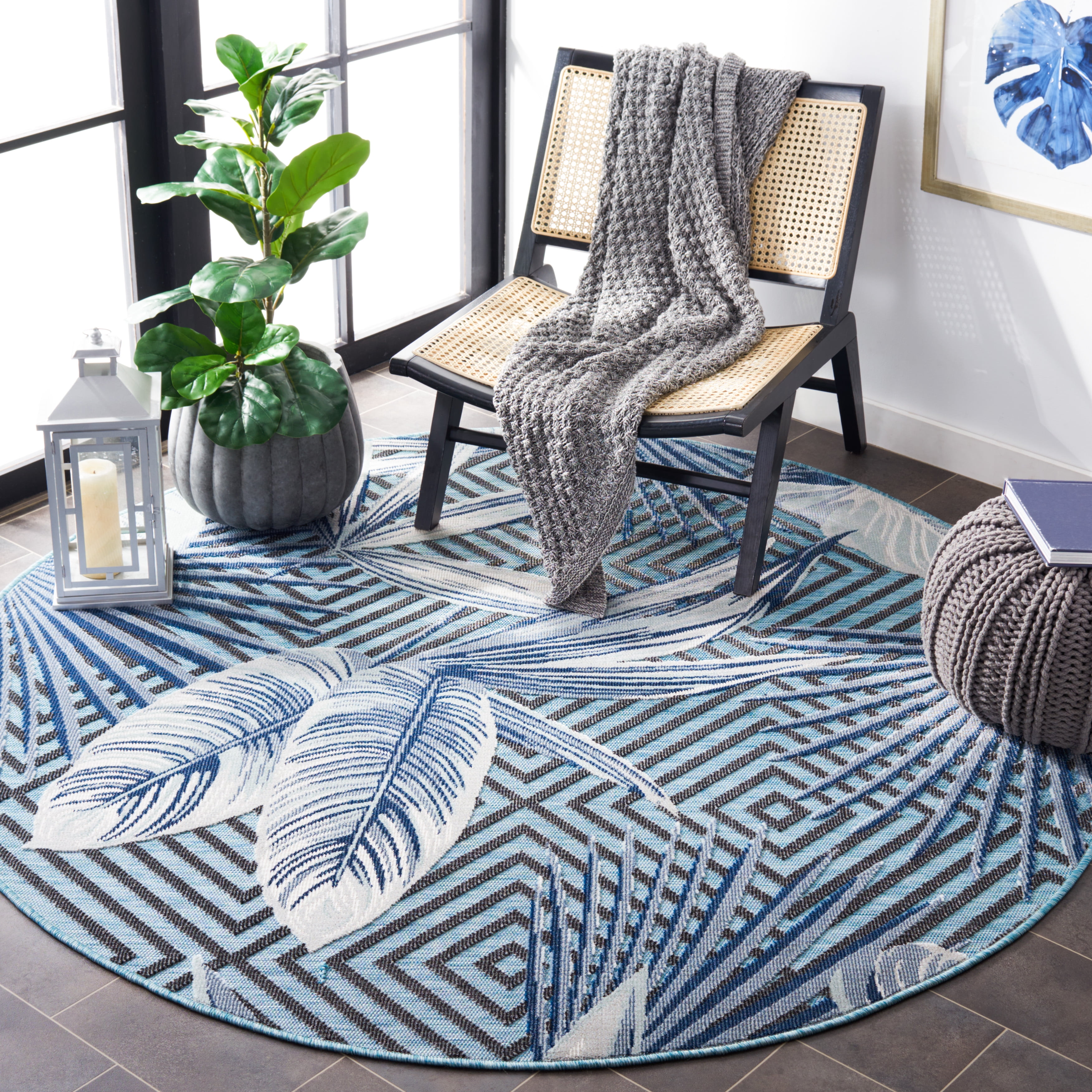 SAFAVIEH Cabana Salima Indoor/Outdoor Area Rug, Aqua/Navy, 7' x 7' Round