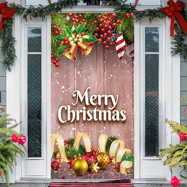 Tapiz elástico navideño de poliéster para puerta, 35 x 79 pulgadas, rojo, verde y dorado | Tapiz decorativo resistente a las arrugas para fiestas navideñas, hogar y pared divisoria.