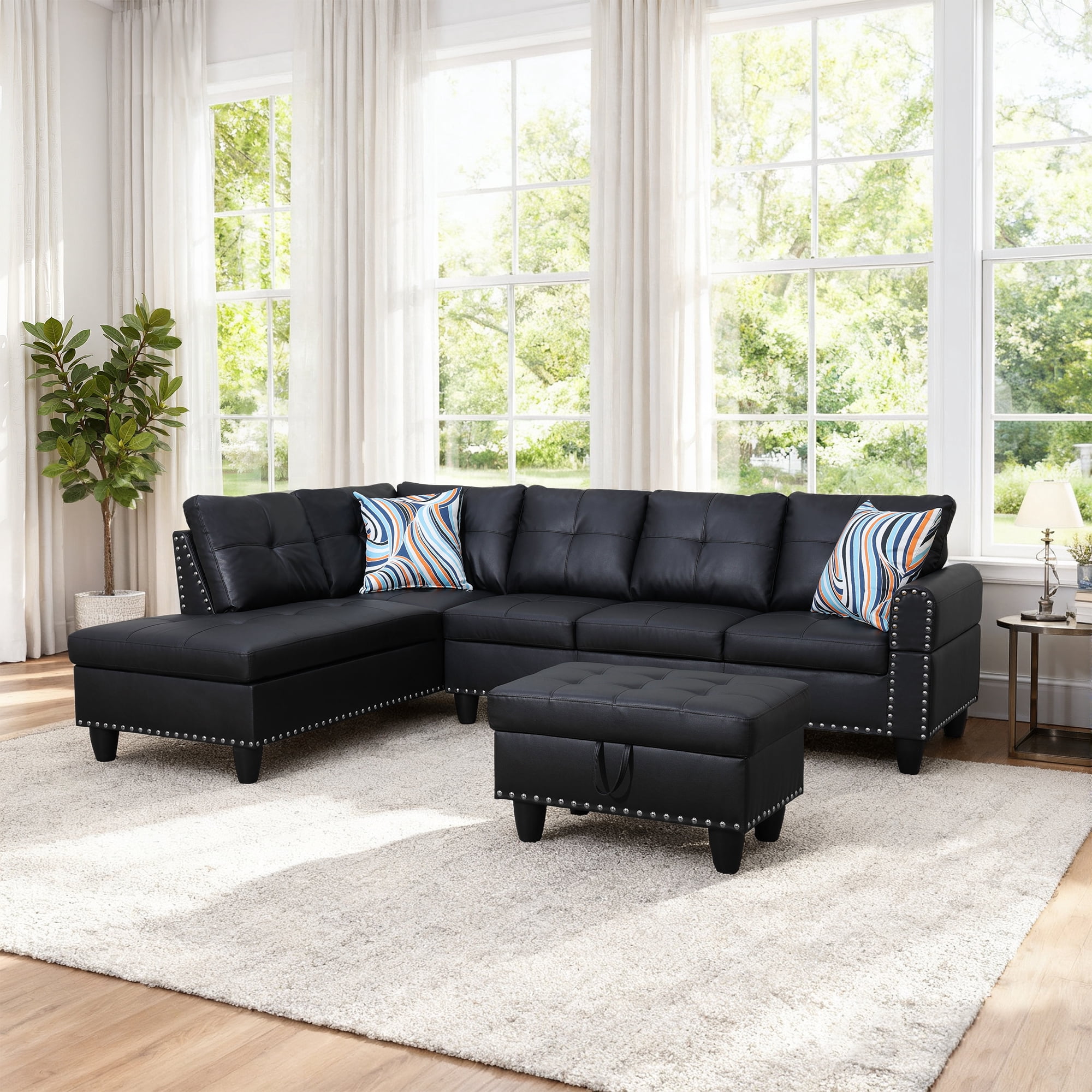 MAYEERTY 97.5" Faux Leather Sectional Sofa, 3-Piece Modular Couch Sofa Set with Ottoman, Black (Left)