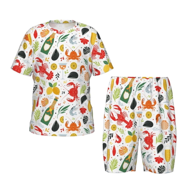 Fotbe Crabs Shrimps Pijama Estampada de 2 Piezas para Niños – Ropa de Dormir de Manga Corta Cómoda para Niños y Niñas, Camiseta y Shorts de Algodón-X-Large