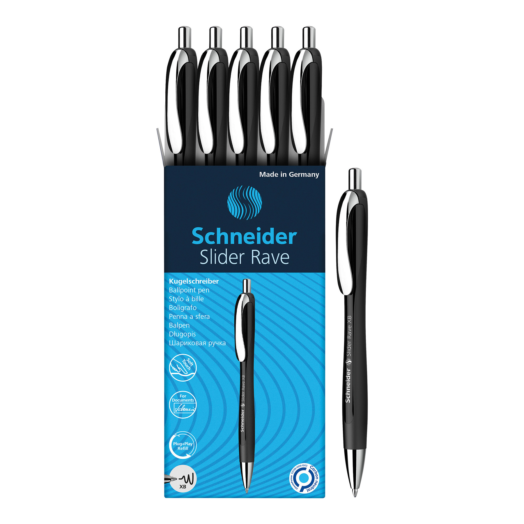 Schneider Slider Rave XB Retractable Ballpoint Pens, Black Barrel/Blue Ink, Box of 5
