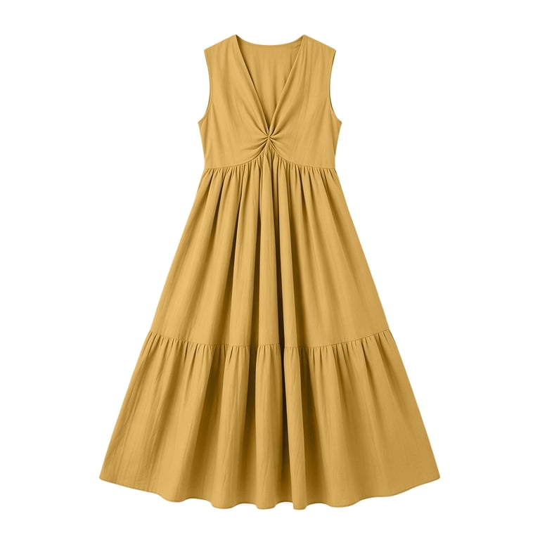 front twist v neck maxi dress in yellow ClodeEU Women's V Neck Twist Front Sleeveless Maxi Dress,Casual Summer  Swing Dress Beige,Women's Plus L