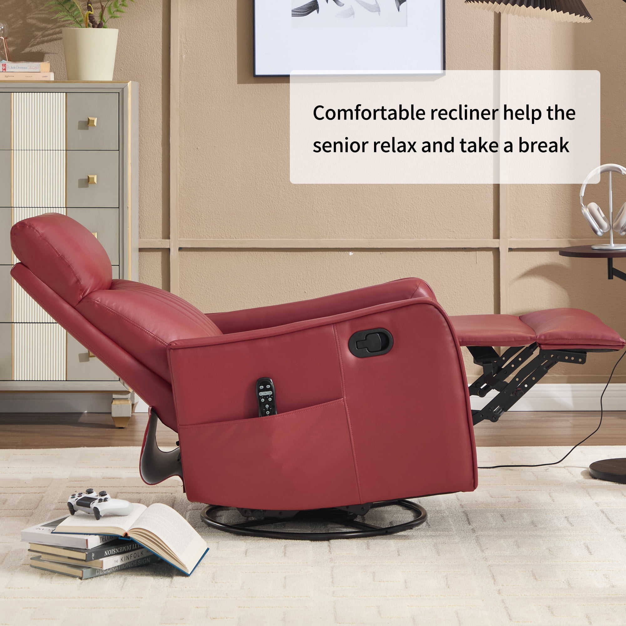 Manual Swivel Rocker Recliner Chair for Adults,Overstuffed Reclining Glider Chair with Vibration Massage & Heat,Upholstered Recliners with Side Pockets for Living Room,Red PU