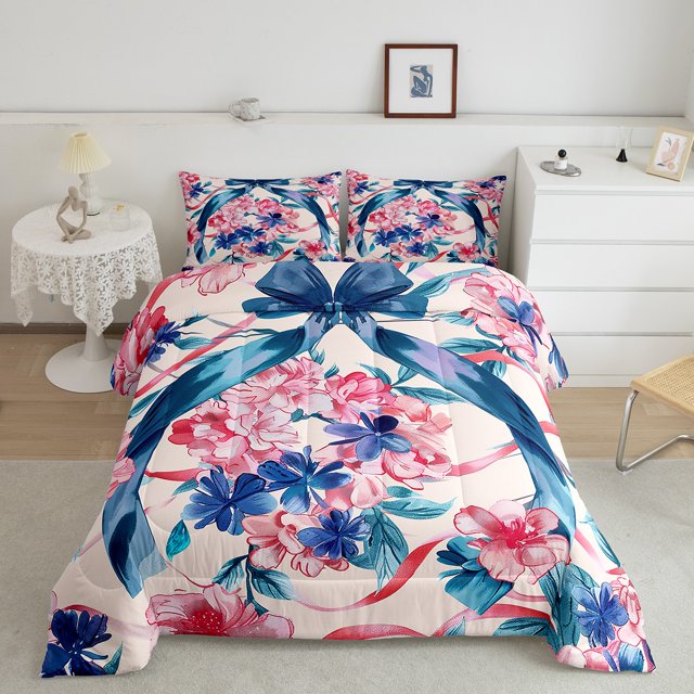 Erosebridal Vintage Flower Bedding Sets Full with Comforter, Blue Ribbon Bow Duvet Insert, Retro Fashion Decor, Reversible 3pcs