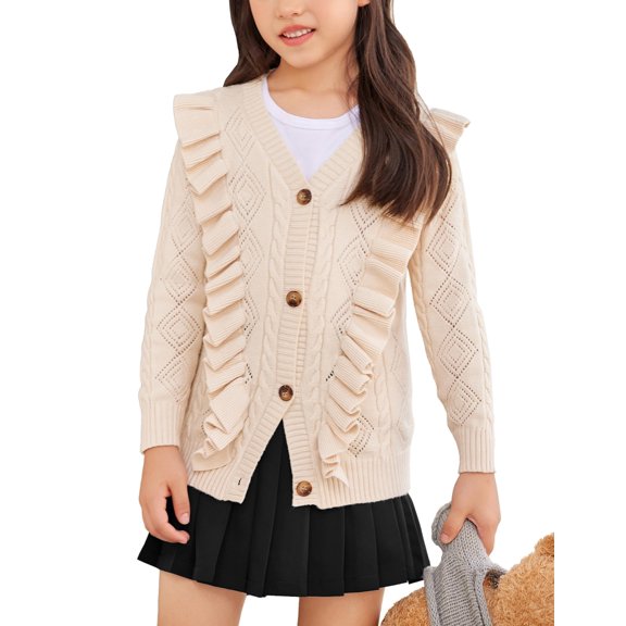 Beige Girls Ruffle Trim Cardigan 5-6Y Button-Up Knit V-Neck Sweater