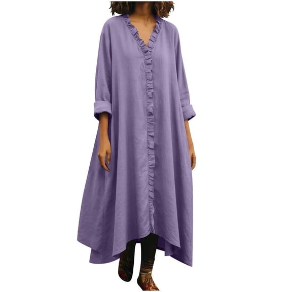 Fashion Sun Dresses for Womens 2026 Plus Size Summer Long Sleeved Cotton and Linen Loose Solid Color V-neck Lace Dress