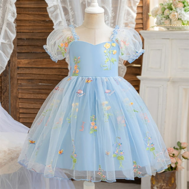 LOVZFMLL Summer One Year Old Girls Skirt Girls Flying Sleeves Sequins Three-dimensional Flower Mesh Princess Skirt Bow Dress Performance Dress Laundry Dress