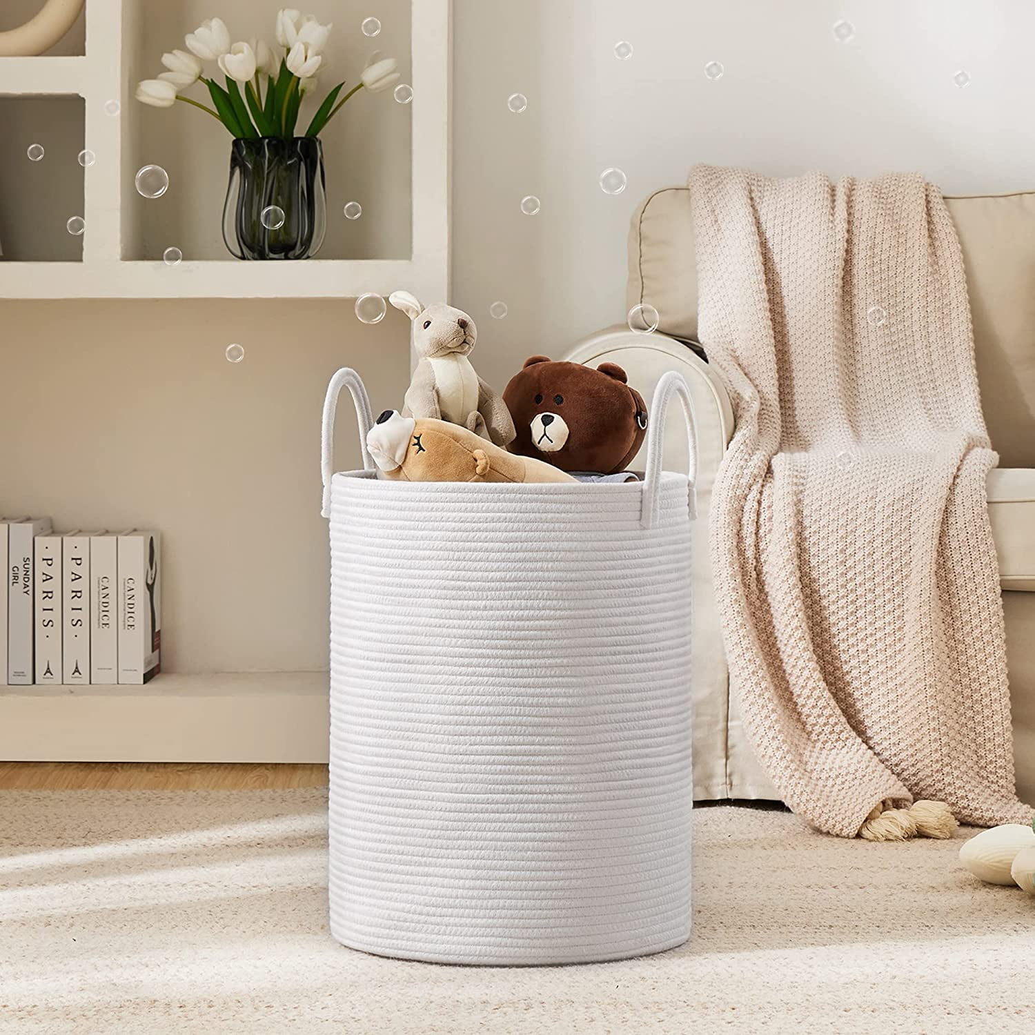 Jute Rope Laundry Hamper Basket , 58L Tall Laundry Basket, Baby Nursery Hamper for Blanket Storage for Bedroom-Large-Jute