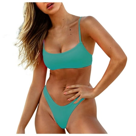 Fmbrln Womens Two Piece Swimsuit Sexy Solid Color Ribbed Bikini Sets Adjustable Strap High Cut Thong Bathing Suit