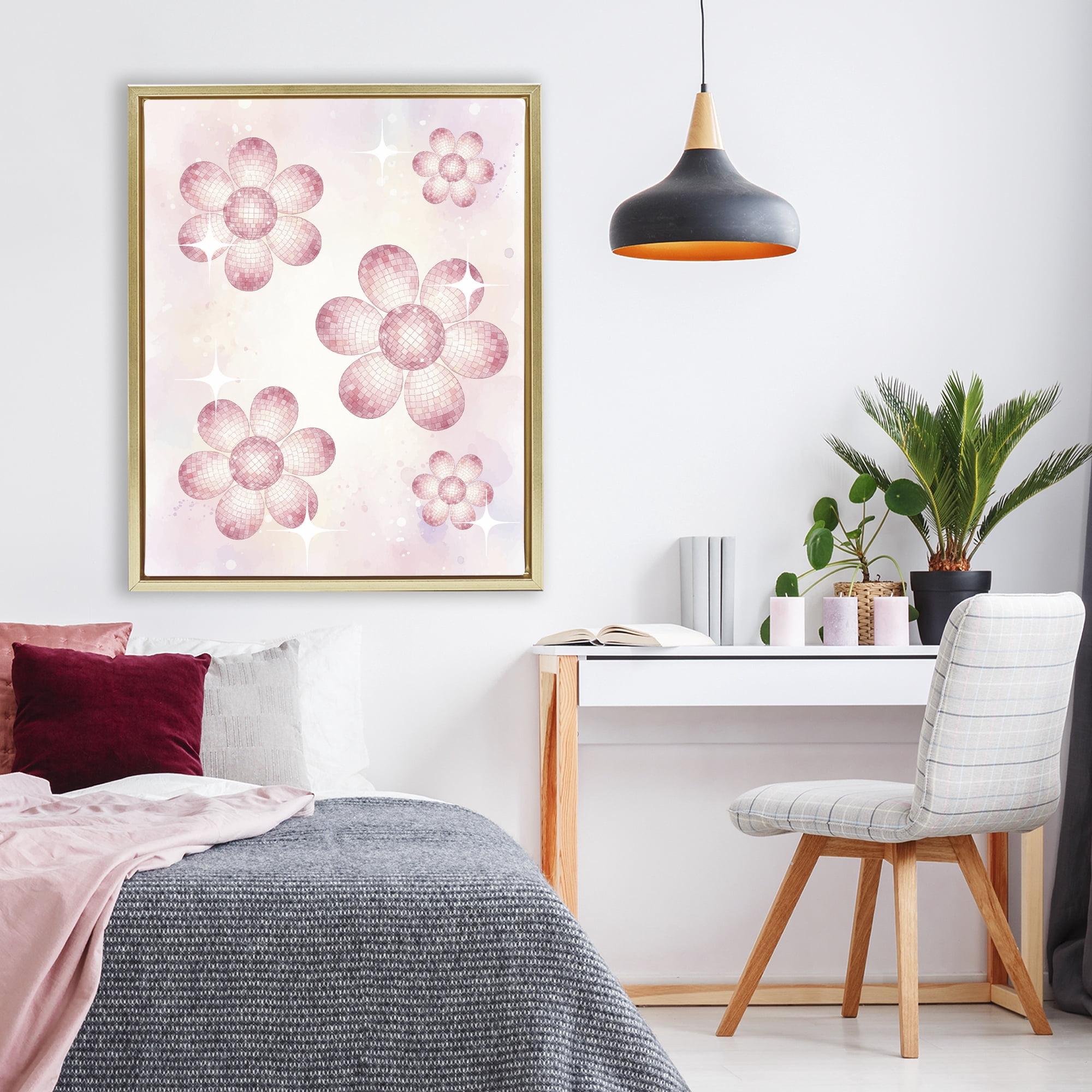 Stupell Industries Disco Ball Floral Patterns Gold Framed Floater Canvas Wall Art, design by Lil' Rue