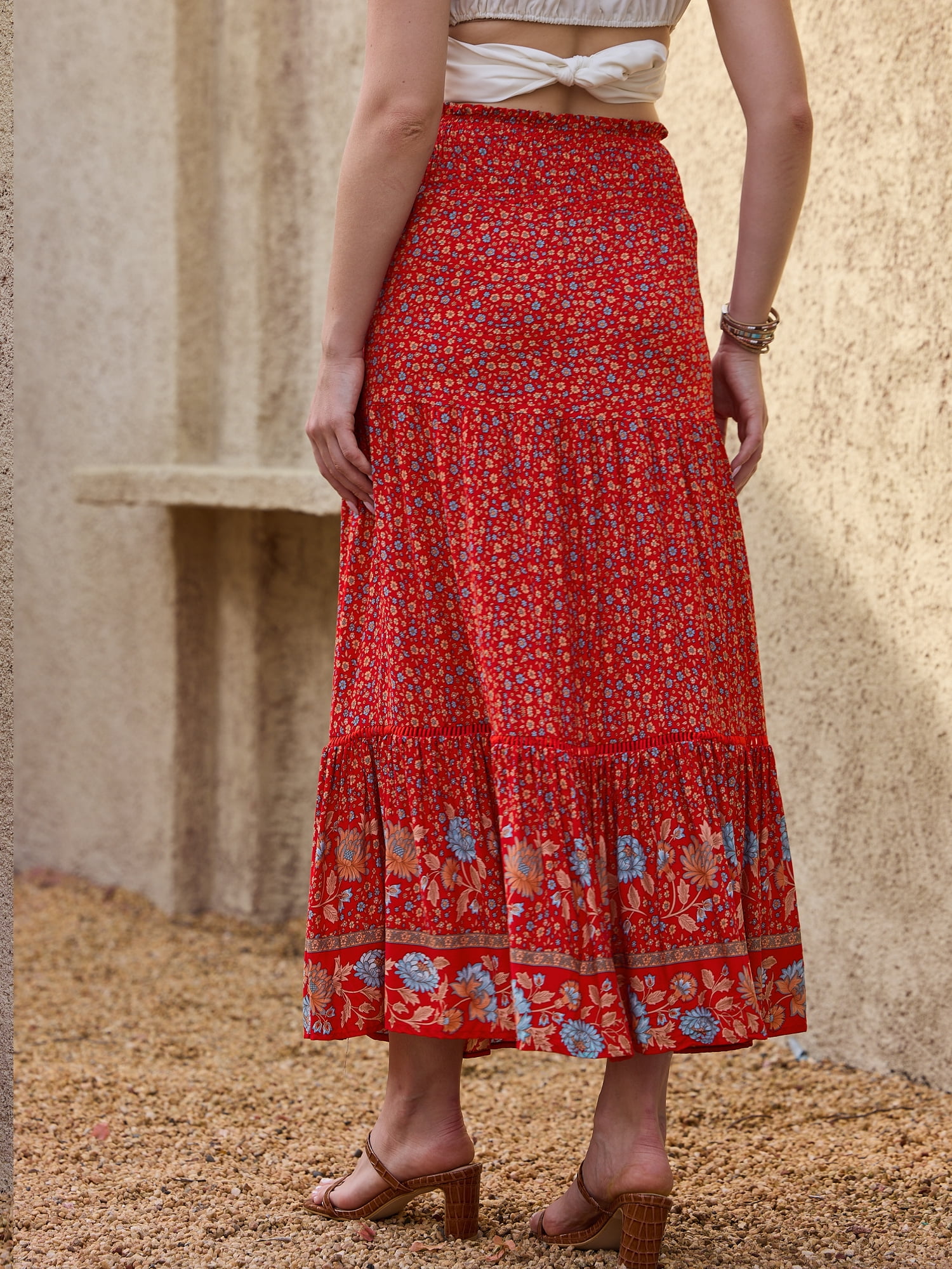DARING DIVA Women's Fashion Summer Boho Long Skirt X-Large Red