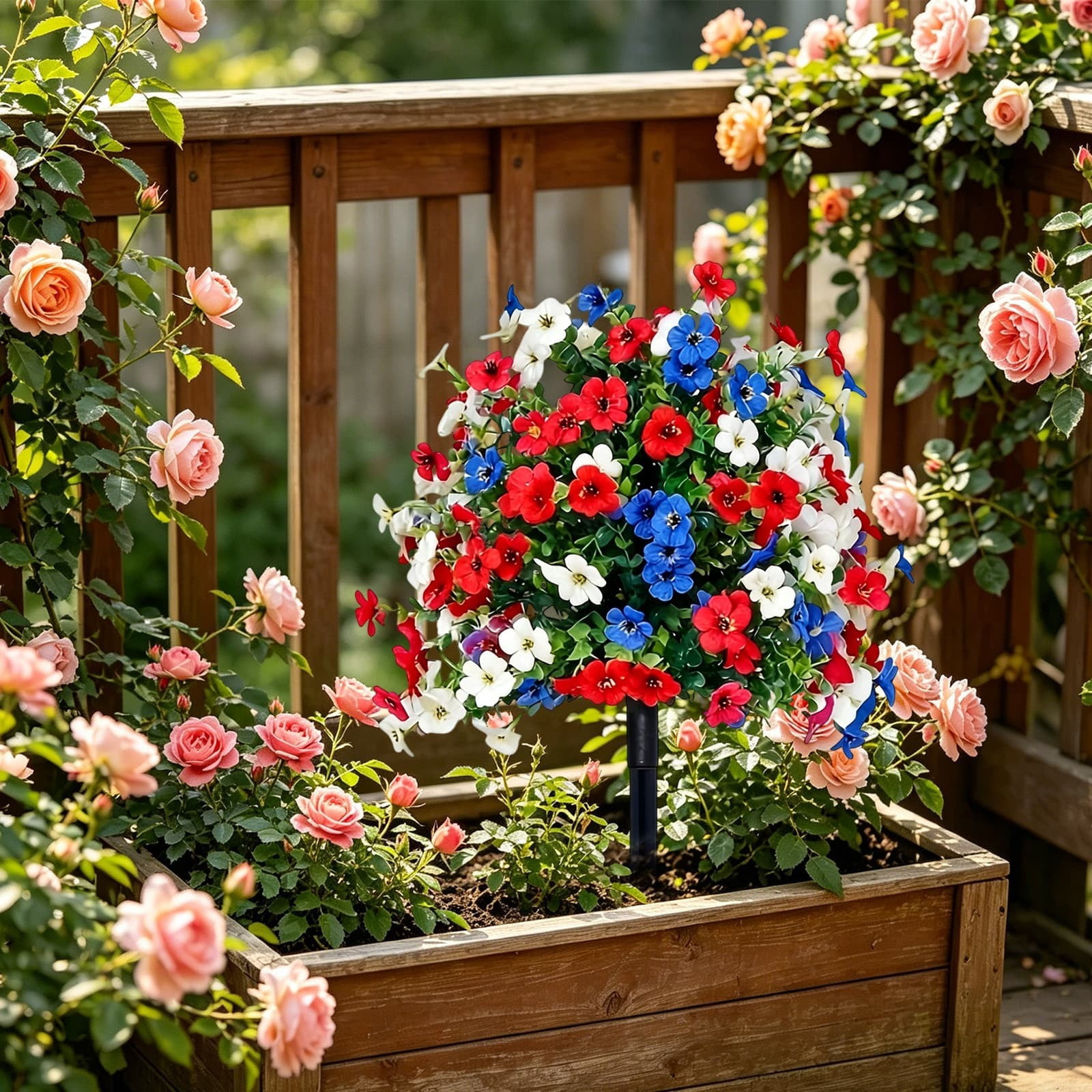Brenberke 2Pcs 17" Patriotic Artificial Flowers with Ground Spike, UV Resistant Red White Blue Faux Silk Flowers, No Fade Outdoor Grave Garden Porch Decor for 4th of July Memorial Day Veterans Day