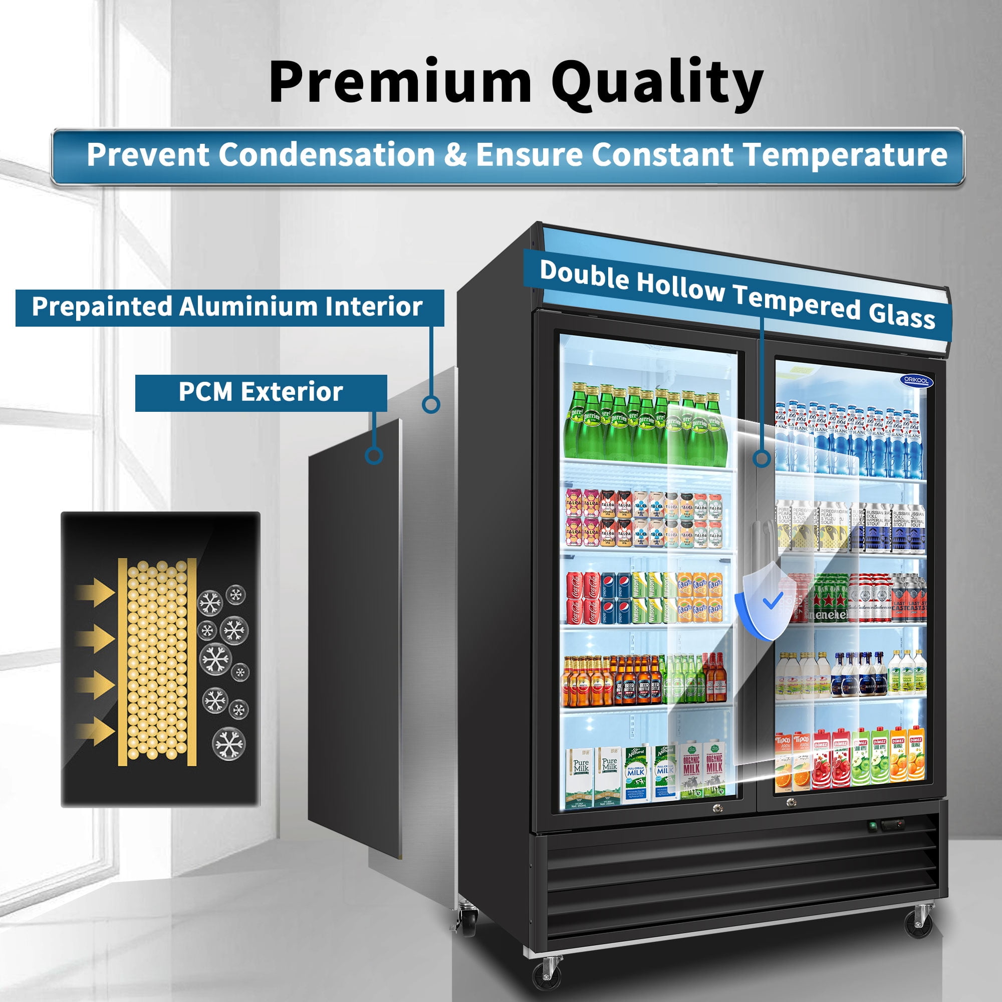ORIKOOL 53 in Glass Door Merchandiser Refrigerator 44.7 Cu.ft Swing Door Commercial Display Refrigerators Merchandising Refrigeration with LED Top Panel